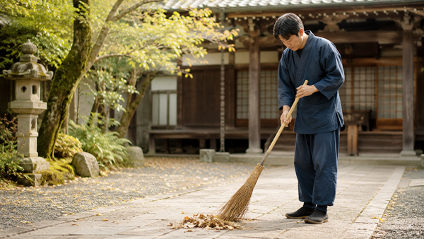 寺院の境内清掃